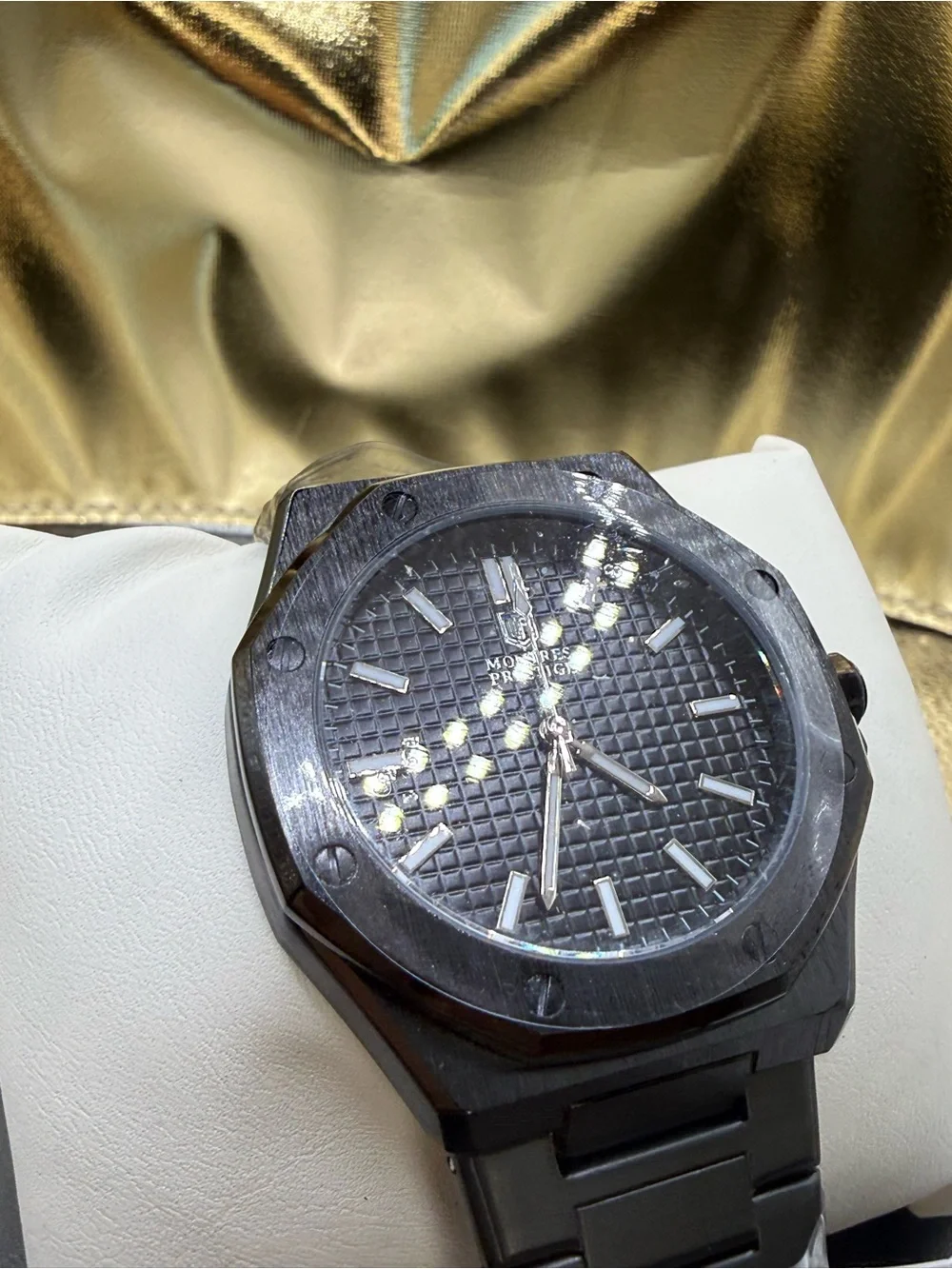 Men's Black Metal Bracelet Watch with Textured Dial